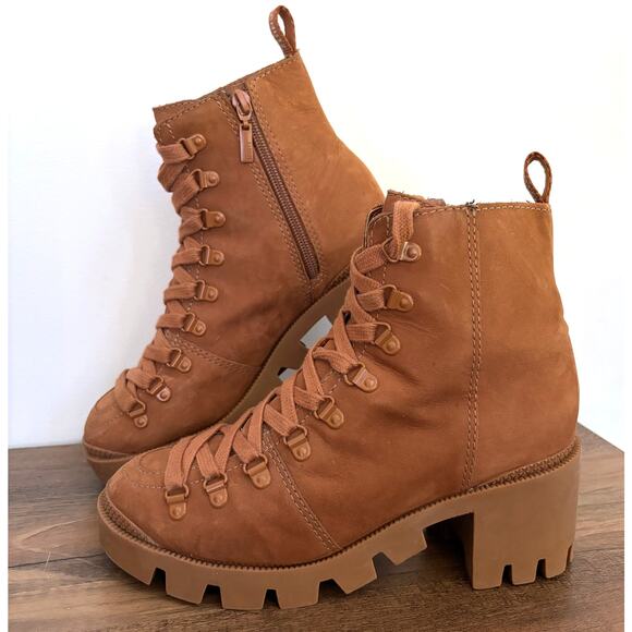 SHUTZ Zayane Chunky Brown Size 6 Combat Suede Heeled Boots Lace Up Zip - Picture 2 of 7